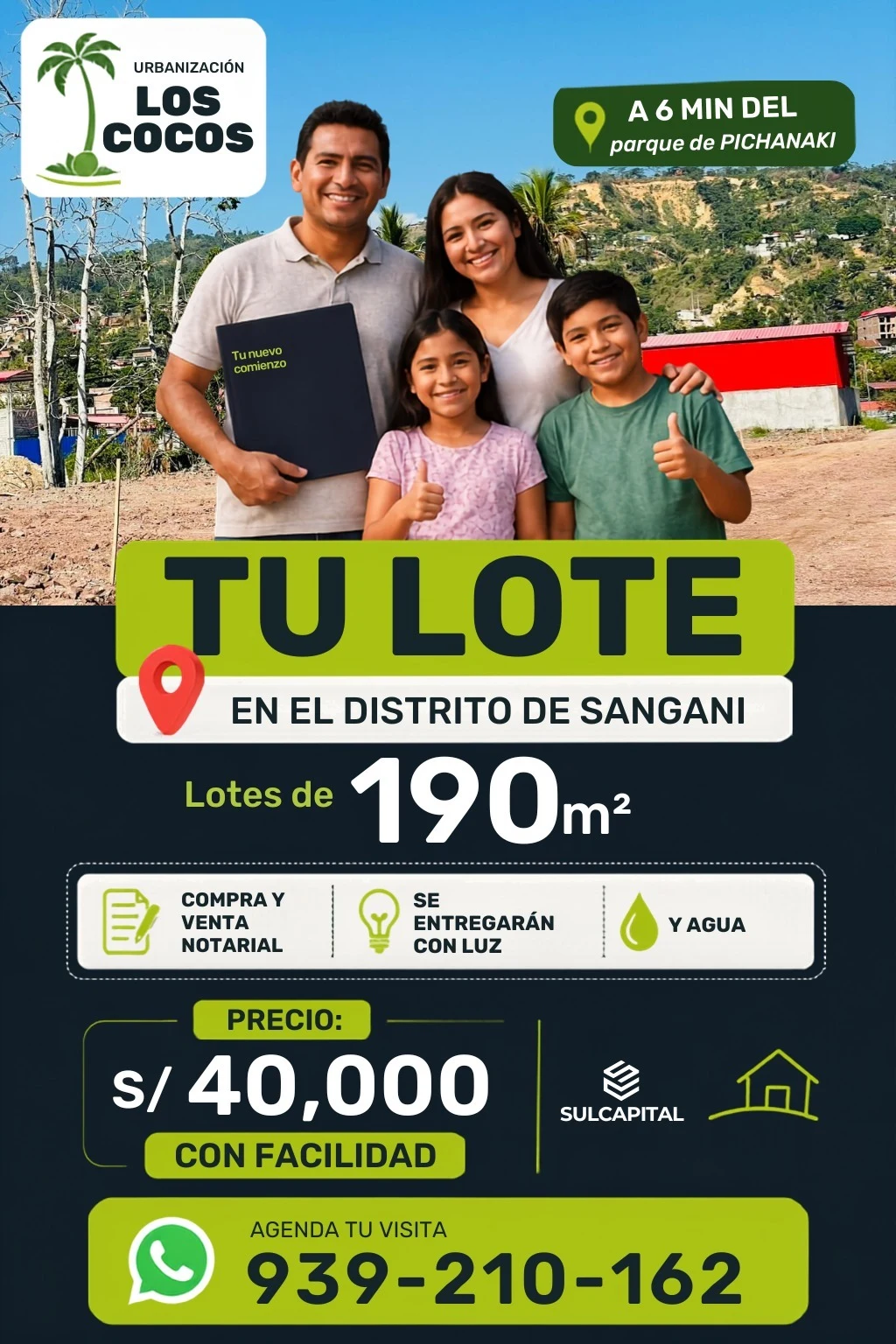 Urbanización Los Cocos: lotes de 190 m² en el distrito de Sangani, a 6 min del parque de Pichanaki. Compra y venta notarial, con luz y agua. Precio S/ 40,000 con facilidades.